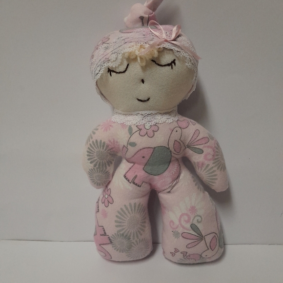 Handmade Girl First Doll 9.5 Inches. Pink and Gray Onesie with Matching Cap - Picture 4 of 4